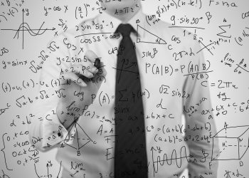 young businessman drawing mathematics equations and formulas